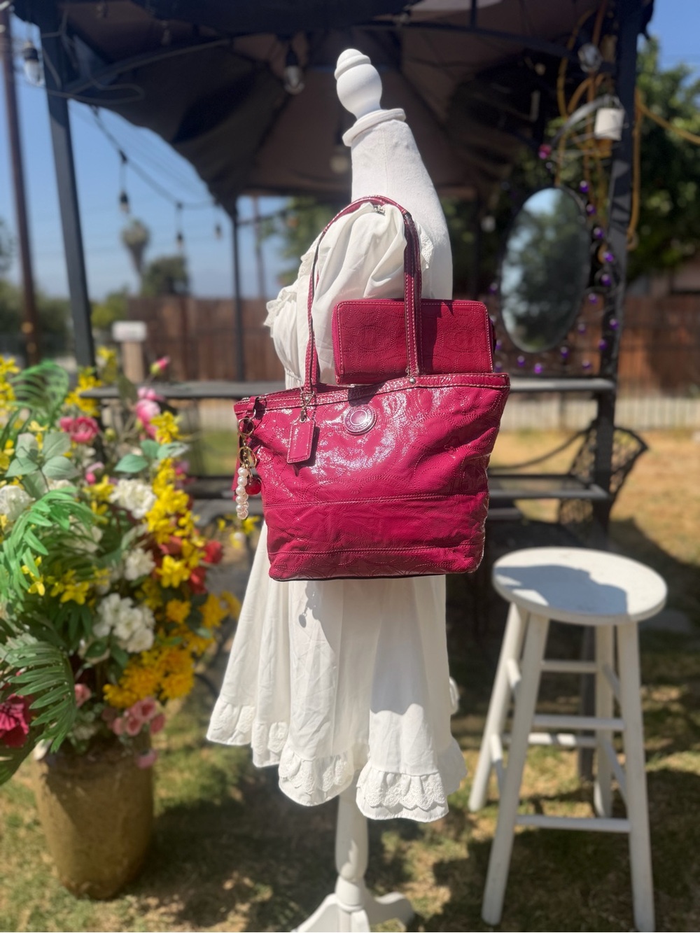 Coach Hot Pink Patent Signature Tote with Matching Wallet